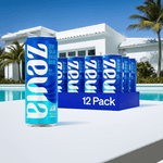 Zevia Kola Energy Drink 12-pack with zero sugar and 120 mg caffeine, styled outdoors near poolside for a refreshing, health-conscious lifestyle appeal.