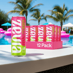 Zevia Strawberry Kiwi Zero Sugar Energy Drink 12-pack displayed by a pool, offering clean, vegan energy in vibrant pink and green cans.