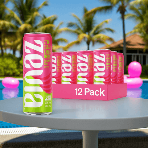 Zevia Zero Sugar Energy Drink Strawberry Kiwi 12 oz can featured poolside with 12-pack tray, ideal for clean energy on-the-go in tropical settings.