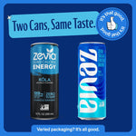 Comparison of Zevia Kola Energy Drink packaging showing two can designs with same zero sugar, 120 mg caffeine formula and naturally sweetened taste.