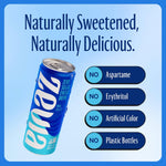 Zevia Kola Energy Drink can highlighting natural sweeteners, no aspartame, erythritol, artificial colors, or plastic bottles—clean energy in eco-friendly form.