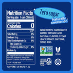 Zevia Kola Energy Drink nutrition label showing zero sugar, zero calories, 120 mg caffeine, and certifications like Non-GMO, Vegan, and Gluten-Free.