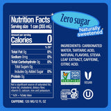 Zevia Kola Energy Drink nutrition label showing zero sugar, zero calories, 120 mg caffeine, and certifications like Non-GMO, Vegan, and Gluten-Free.