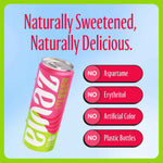 Zevia Strawberry Kiwi Energy Drink promotes natural ingredients with no aspartame, erythritol, artificial colors, or plastic bottles.