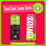 Zevia Energy Drink Strawberry Kiwi shown in two packaging styles with same taste, emphasizing zero sugar and 120mg caffeine per 12 oz can.