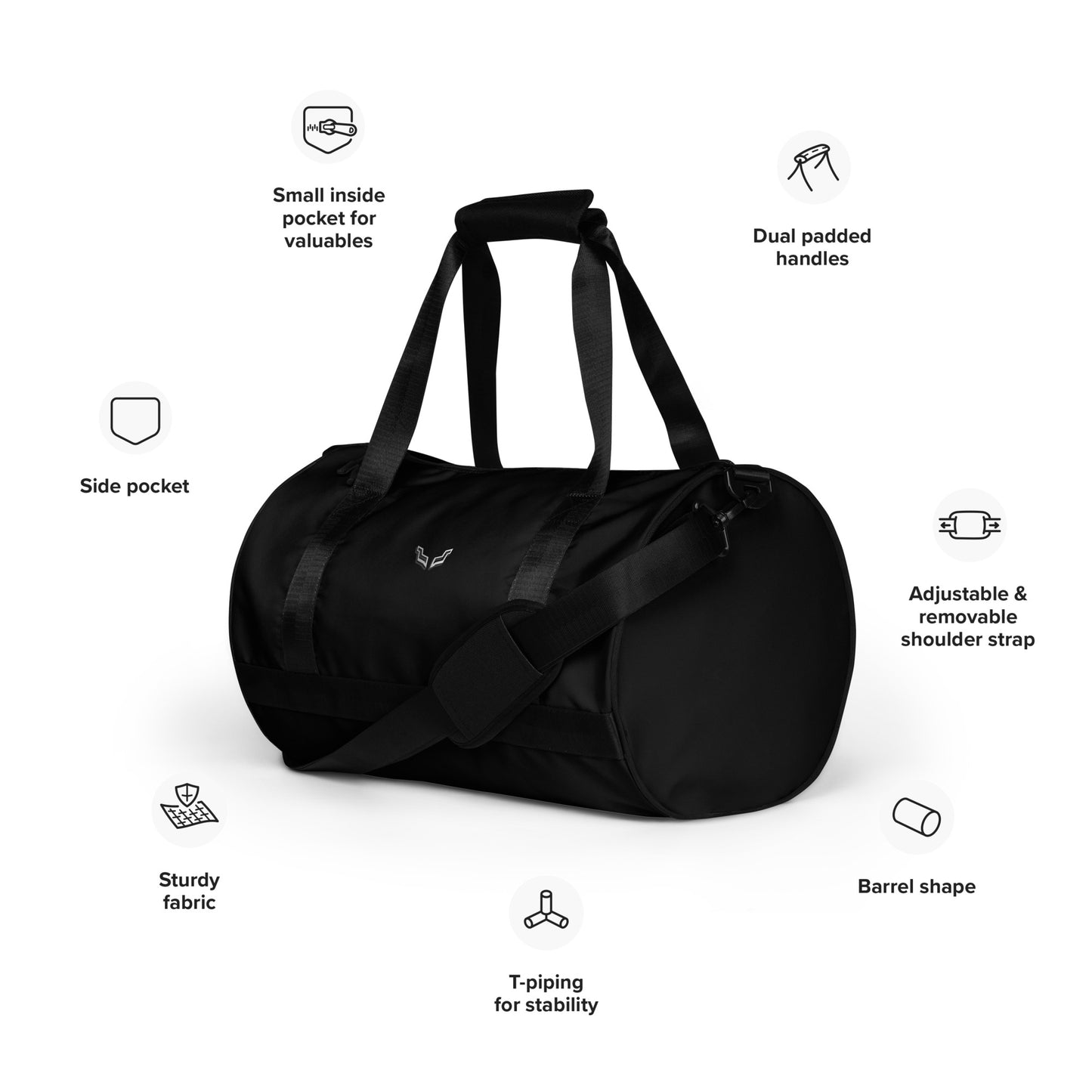Velite Armor Gym Bag in black with barrel shape, dual padded handles, adjustable shoulder strap, and multiple pockets for organized storage.
