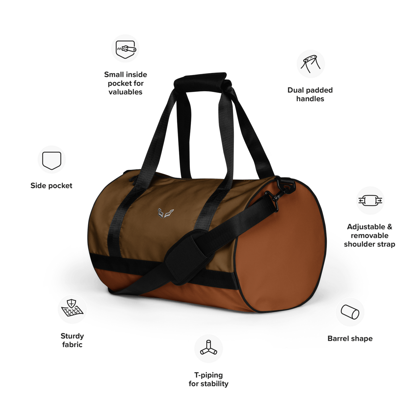 Velite Armor Gym Bag with labeled features including barrel shape, side pocket, sturdy fabric, and adjustable shoulder strap.