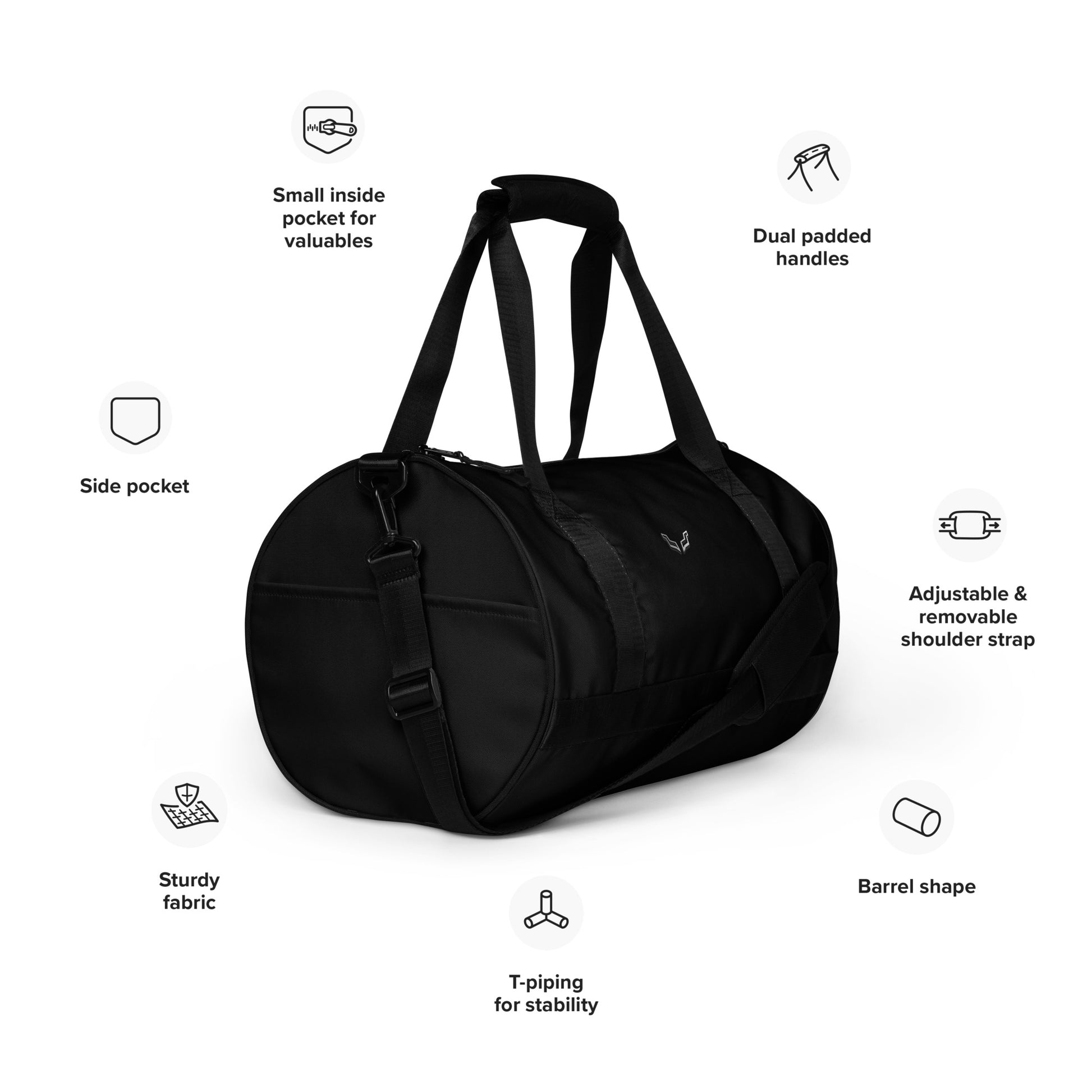 Velite Armor Gym Bag in black with barrel shape, dual padded handles, and adjustable shoulder strap. Features side pocket and water-resistant polyester.