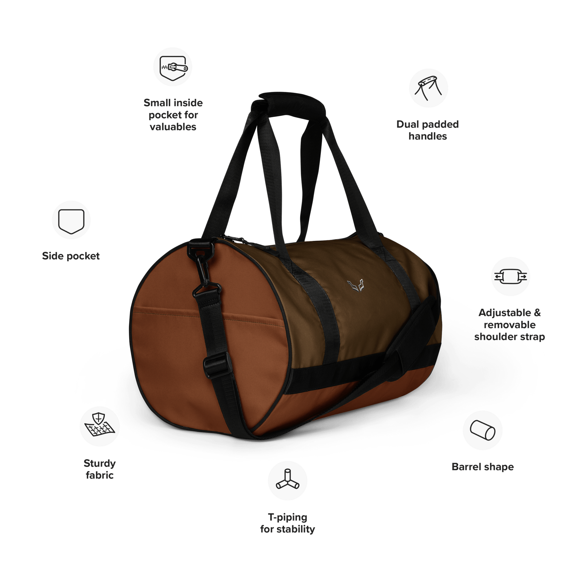 Feature diagram of Velite Armor Gym Bag showing small valuables pocket, T-piping for stability, and dual padded handles.