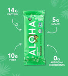 Aloha Chocolate Mint Protein Bar with labels showing 14g protein, 10g fiber, 5g sugar, and 0g artificial ingredients on a green background.