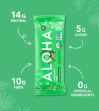 Aloha Chocolate Mint Protein Bar with labels showing 14g protein, 10g fiber, 5g sugar, and 0g artificial ingredients on a green background.