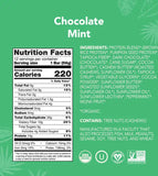Nutrition facts and ingredients of Aloha Chocolate Mint Protein Bar highlighting 14g plant-based protein, 10g fiber, and 5g sugar with USDA Organic certification.