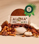 Aloha Coconut Chocolate Almond Protein Bar 12-pack display surrounded by chocolate pieces, almonds, and coconut, with USDA organic and non-GMO certifications.