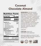 Nutrition facts for Aloha Coconut Chocolate Almond Protein Bar, showing 14g protein, 13g healthy fats, and USDA organic certification.