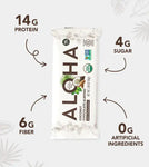 Front view of Aloha Coconut Chocolate Almond Protein Bar package highlighting 14g protein, 6g fiber, 4g sugar, and 0g artificial ingredients.