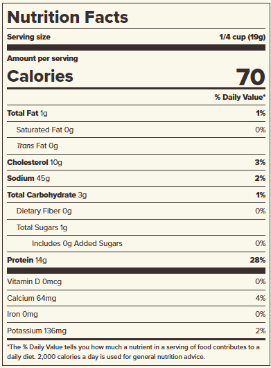 Nutrition label for Bob's Red Mill Whey Protein Powder 12 oz, showing 14g protein, 70 calories, 1g fat, and 3g carbs per 1/4 cup serving.