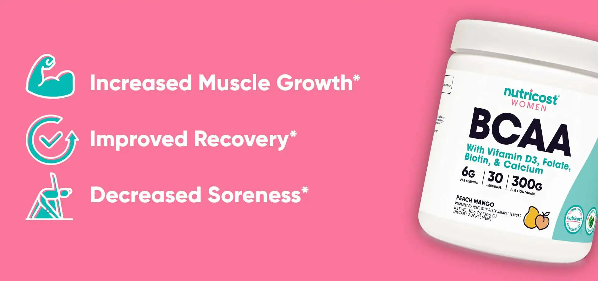 Nutricost BCAA for Women benefits infographic showing increased muscle growth, improved recovery, and decreased soreness in peach mango flavor.