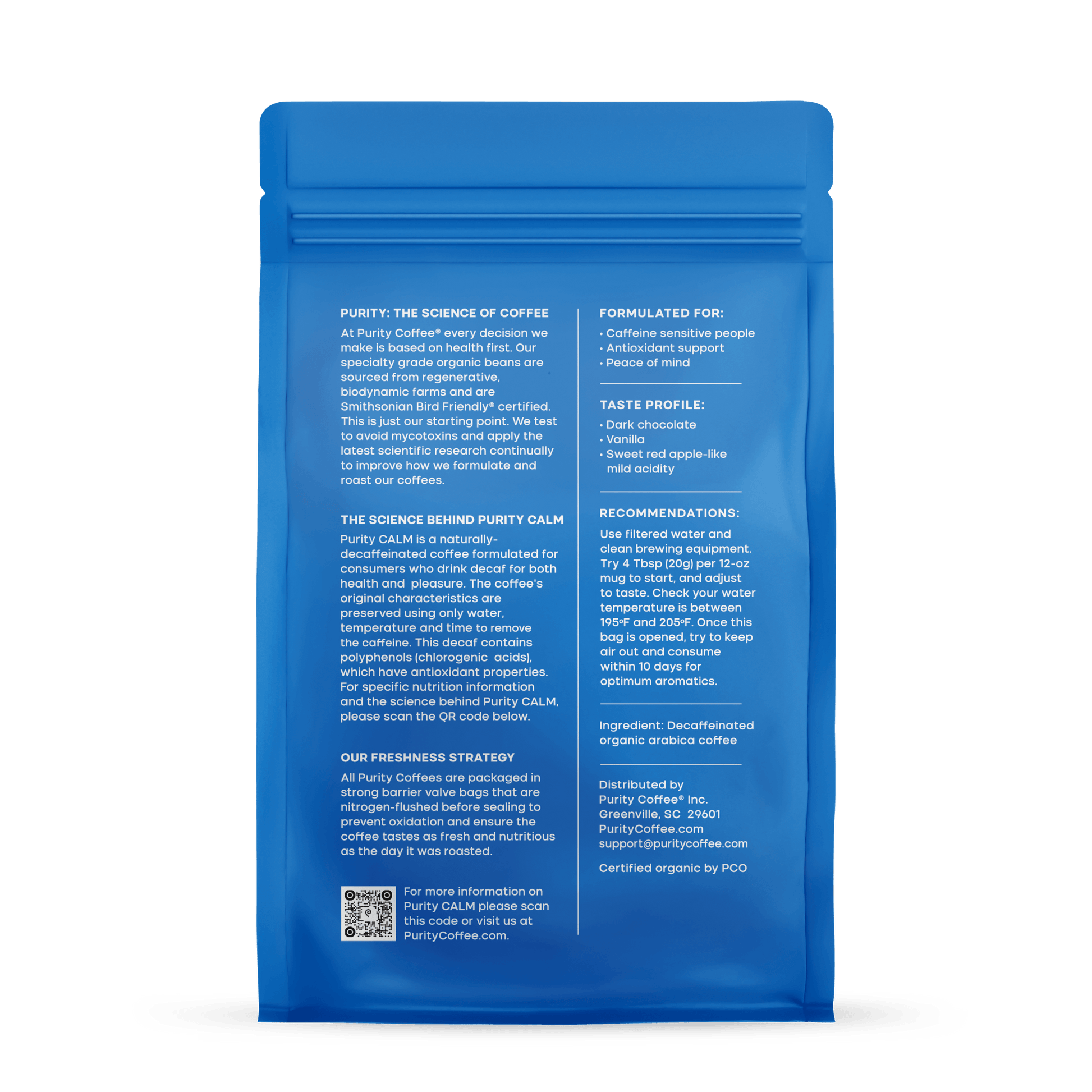Back of Organic Purity Coffee CALM: Decaf Ground Coffee bag with product benefits, taste profile, and preparation recommendations.