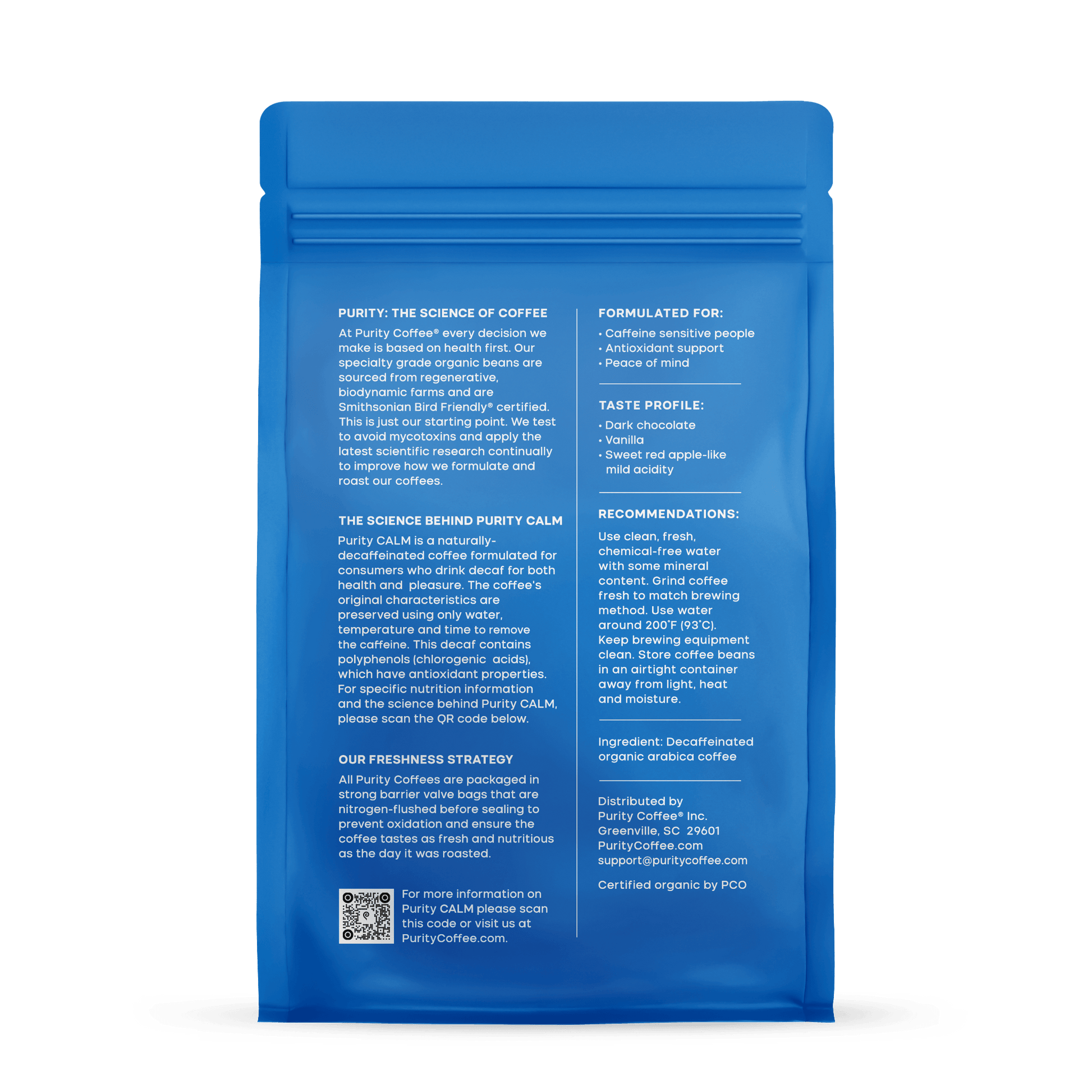Back label of Organic Purity Coffee CALM: Decaf Whole Bean Coffee detailing ingredients, brewing tips, and health-focused formulation.