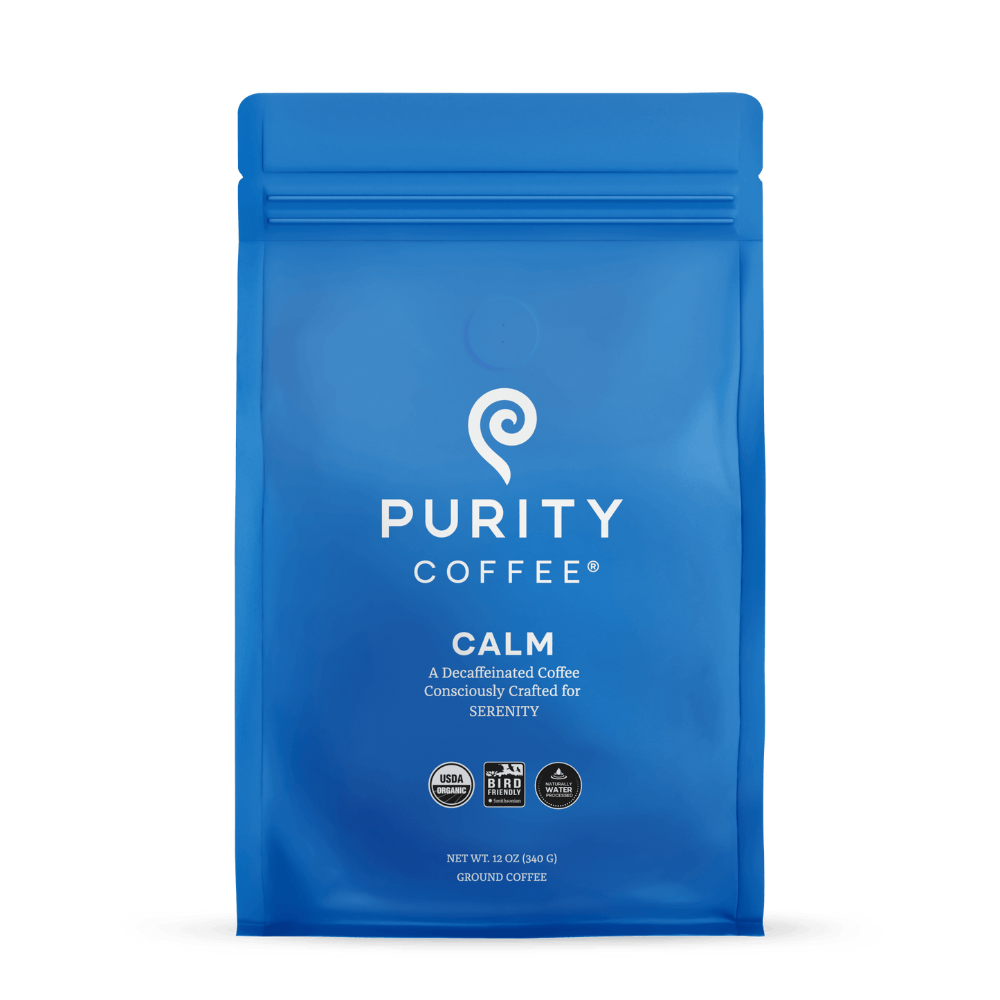 Organic Purity Coffee CALM: Decaf Ground Coffee in 12 oz blue bag, ideal for convenient brewing with smooth, caffeine-free flavor.