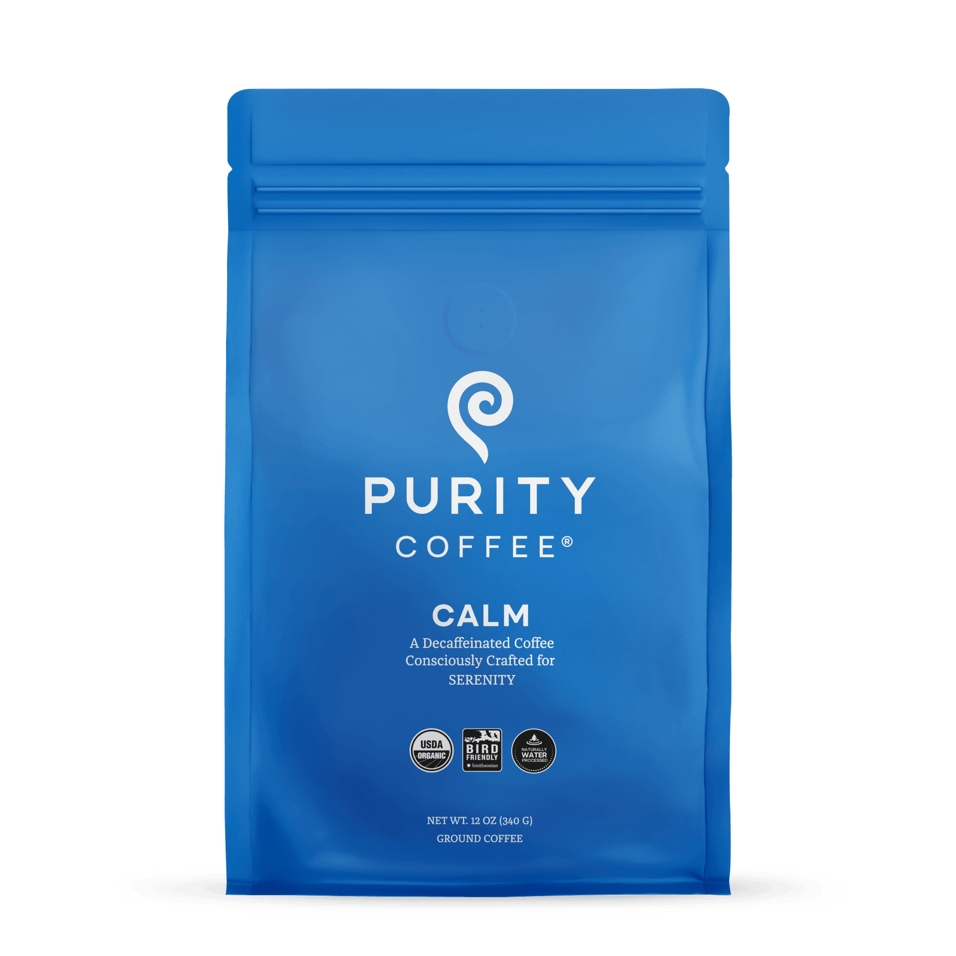 Organic Purity Coffee CALM: Decaf Ground Coffee in 12 oz blue bag, ideal for convenient brewing with smooth, caffeine-free flavor.