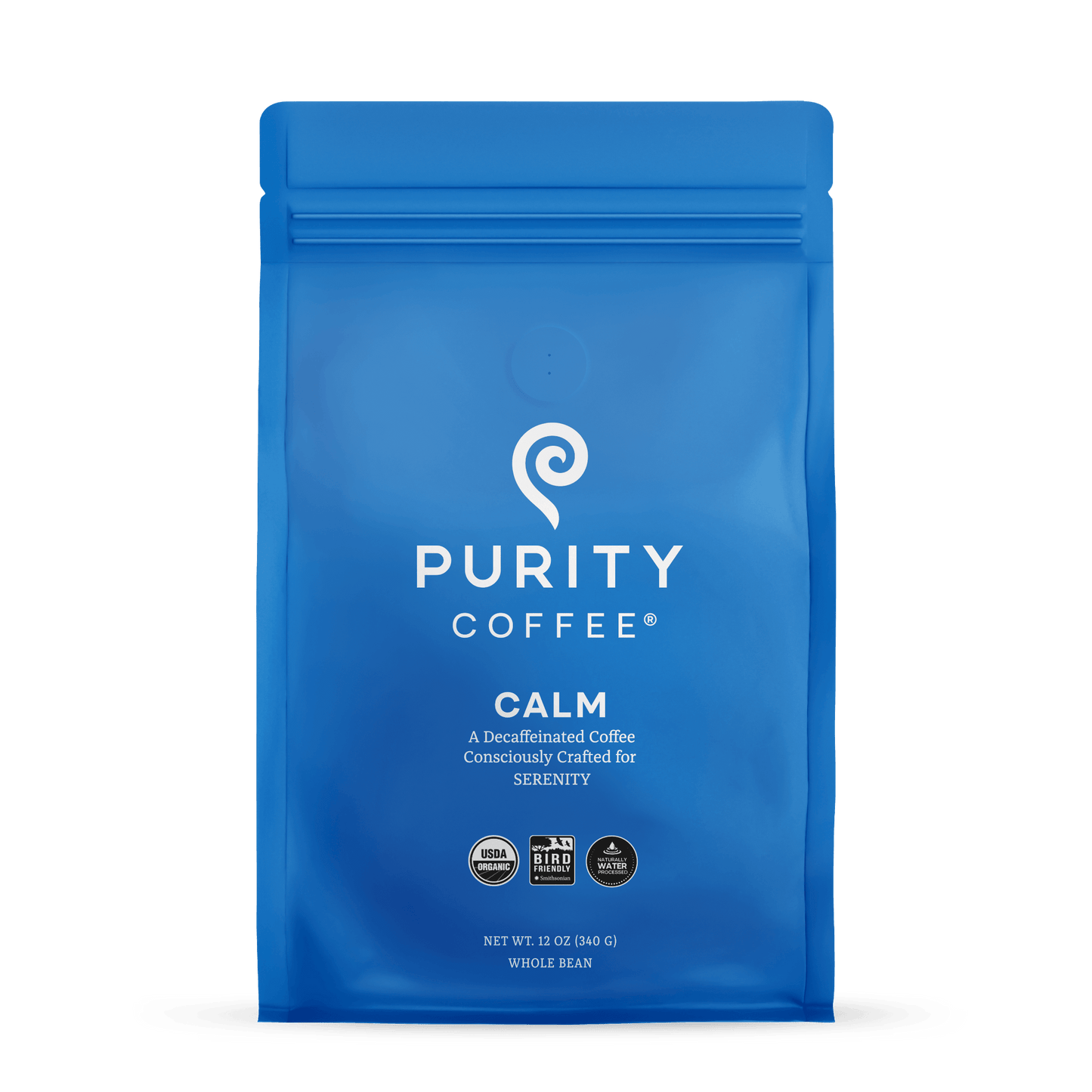 Front view of Organic Purity Coffee CALM: Decaf Whole Bean Coffee in 12 oz blue bag, USDA Organic and Swiss Water® Process certified.