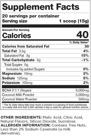 Supplement facts label for Do Work BCAA+ Mojito Lime Crème showing 6g vegan BCAAs, electrolytes, and coconut milk powder per 15g serving.