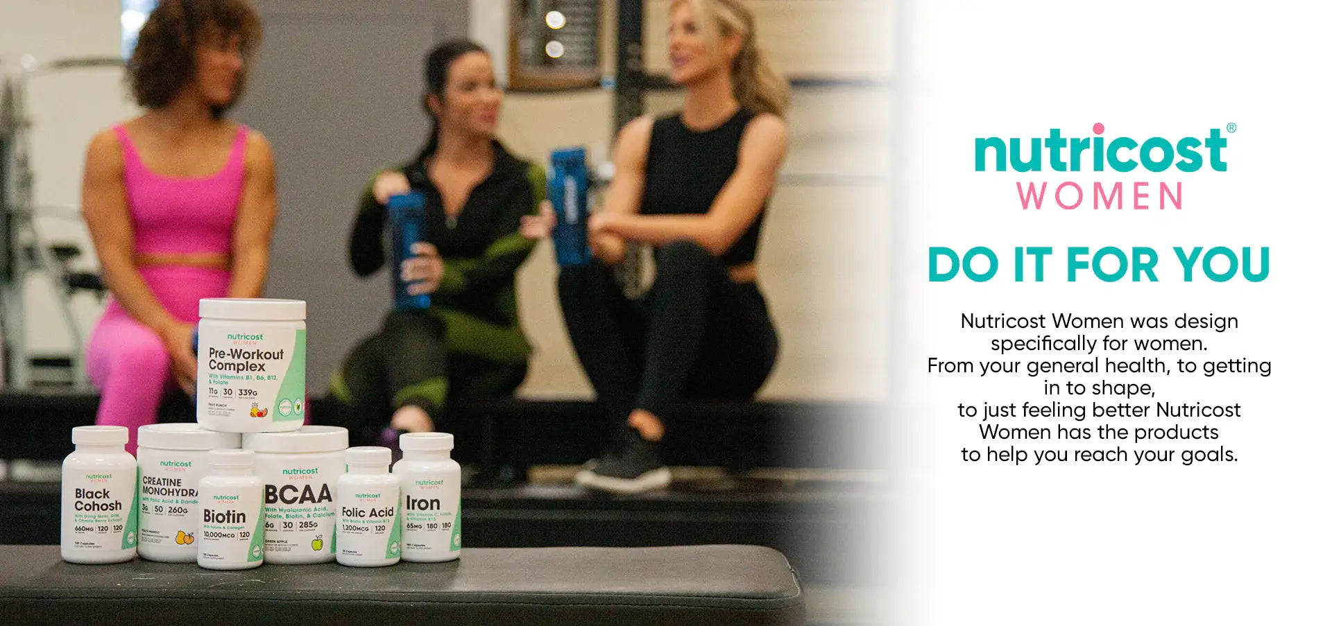Nutricost Women’s supplement line including BCAA, Biotin, and Iron, designed to support women's health and fitness goals in a gym setting.