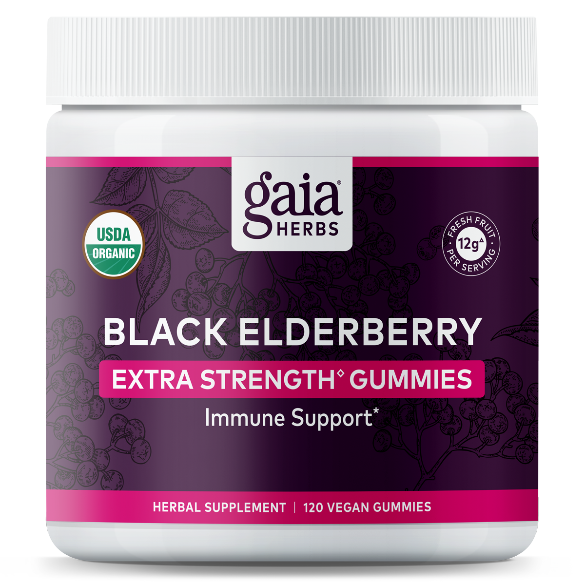 Front label of Black Elderberry Extra Strength Gummies - 120 ct (COG) showing USDA Organic certification and 12g fresh fruit equivalent per serving.