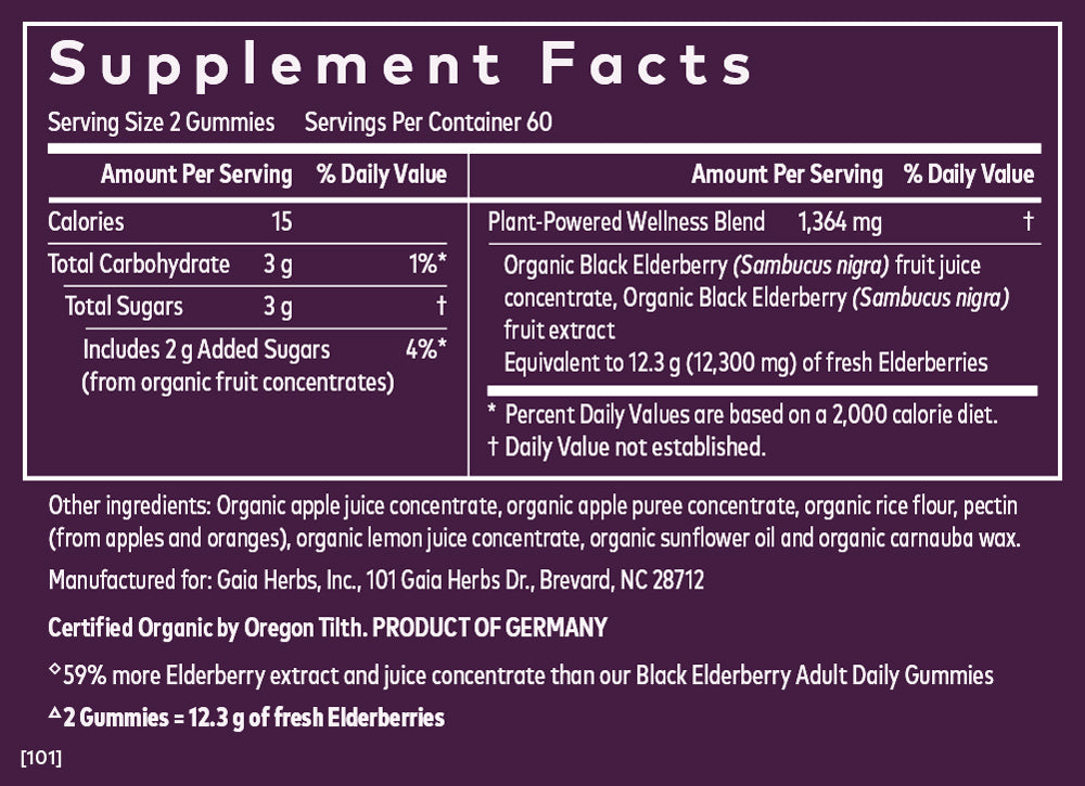 Supplement Facts label for Black Elderberry Extra Strength Gummies - 120 ct (COG), detailing 770 mg elderberry content and organic ingredients.