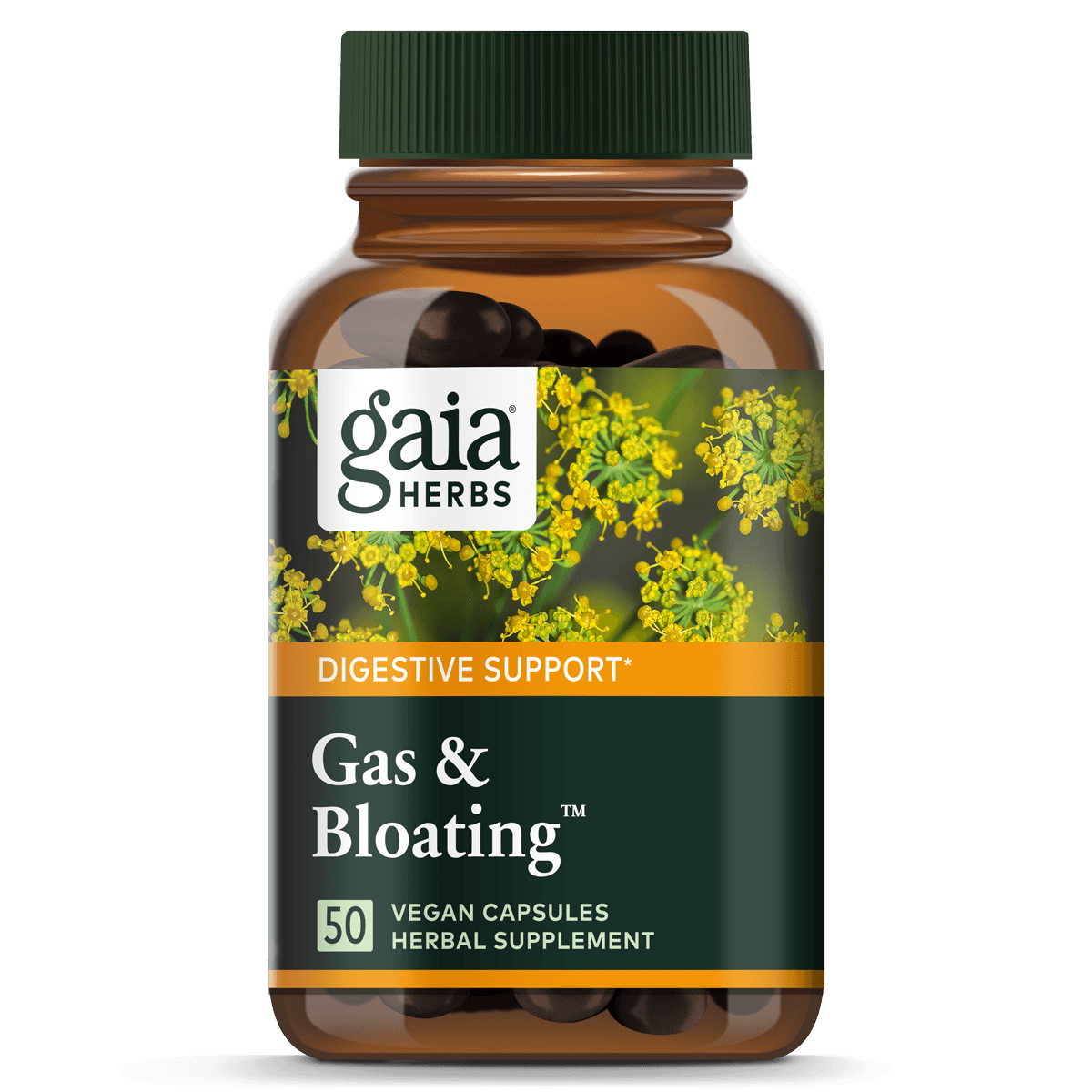 Gaia Herbs Gas & Bloating, a digestive support supplement in a 50 vegan capsule bottle. The label features herbal ingredients with a botanical design, highlighting its natural approach to relieving gas and bloating. The bottle is amber-colored, revealing dark capsules inside. / Gaia Herbs Gas & Bloating, un suplemento de apoyo digestivo en un frasco de 50 cápsulas veganas. La etiqueta muestra ingredientes herbales con un diseño botánico, resaltando su enfoque natural para aliviar gases e hinchazón.