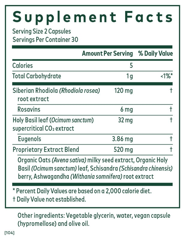 Supplement Facts label for Gaia Herbs Pro Daytime HPA, listing ingredients like Siberian Rhodiola, Holy Basil, Ashwagandha, and other herbal extracts for stress support.