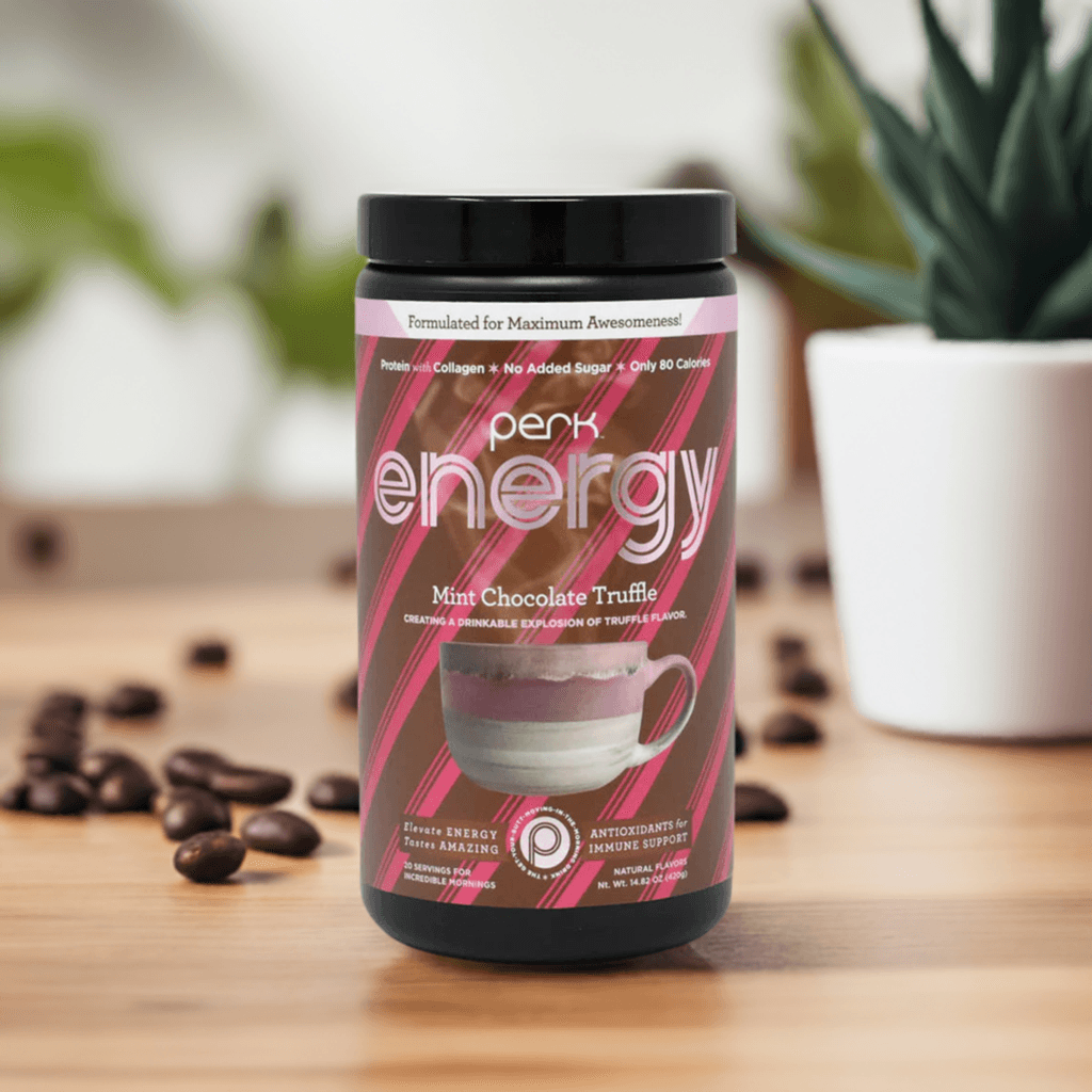 Mint Chocolate Truffle Energy Drink by Perk Energy with 20 servings, featuring collagen, caffeine, and antioxidants for a healthy morning boost.