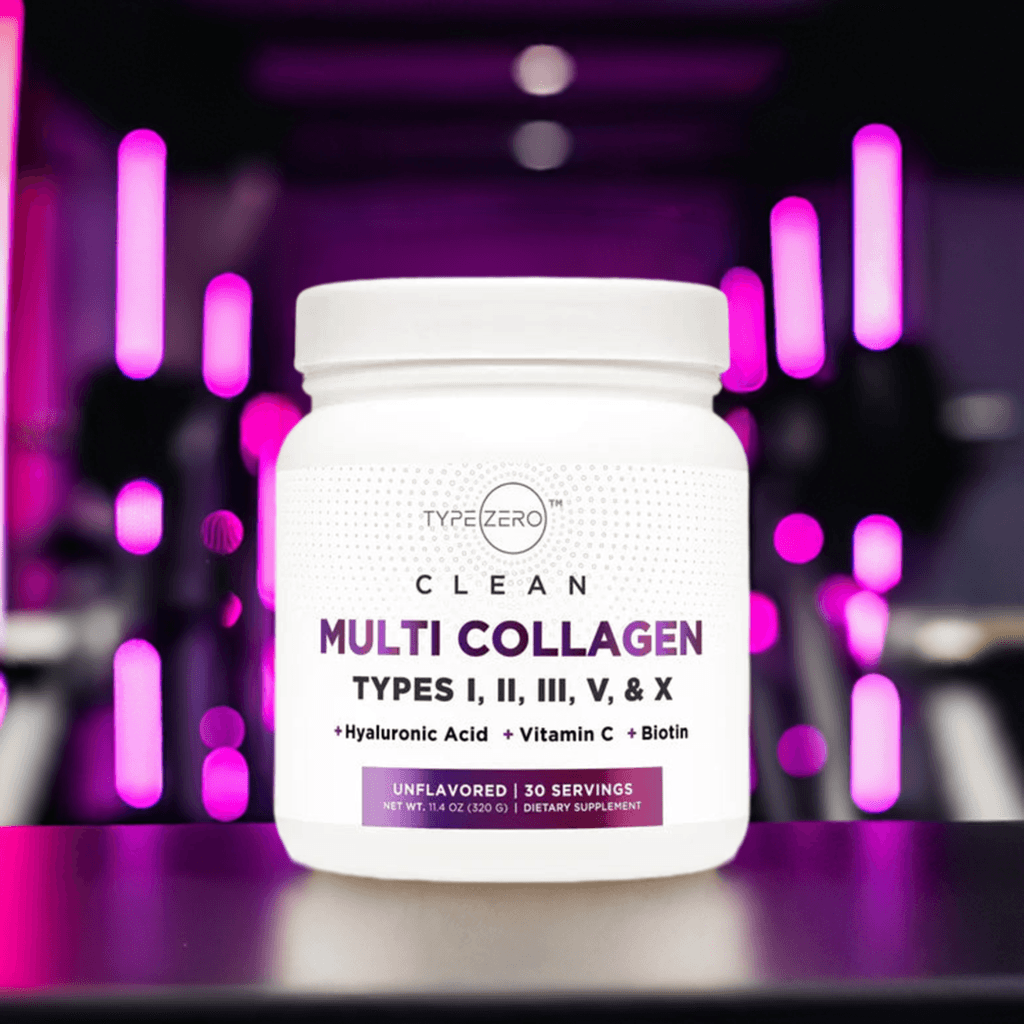 TypeZero Multi Collagen jar with vibrant pink lights