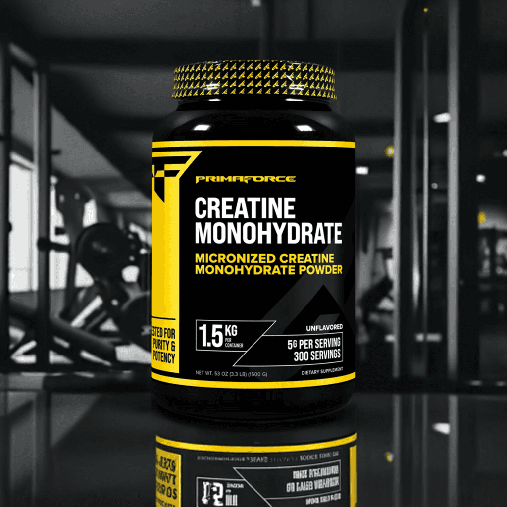 Creatine Monohydrate 300g container placed in an industrial-style gym, promoting muscle strength and athletic performance.
