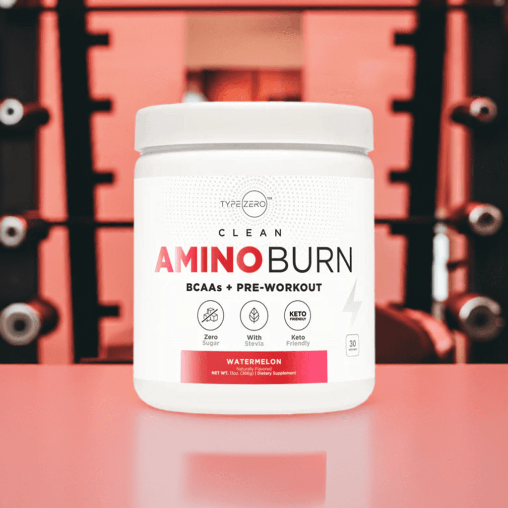 TYPE ZERO CLEAN AMINO BURN - Vegan BCAA + Pre-Workout in watermelon flavor placed in a gym setting, promoting muscle repair and no-crash energy.