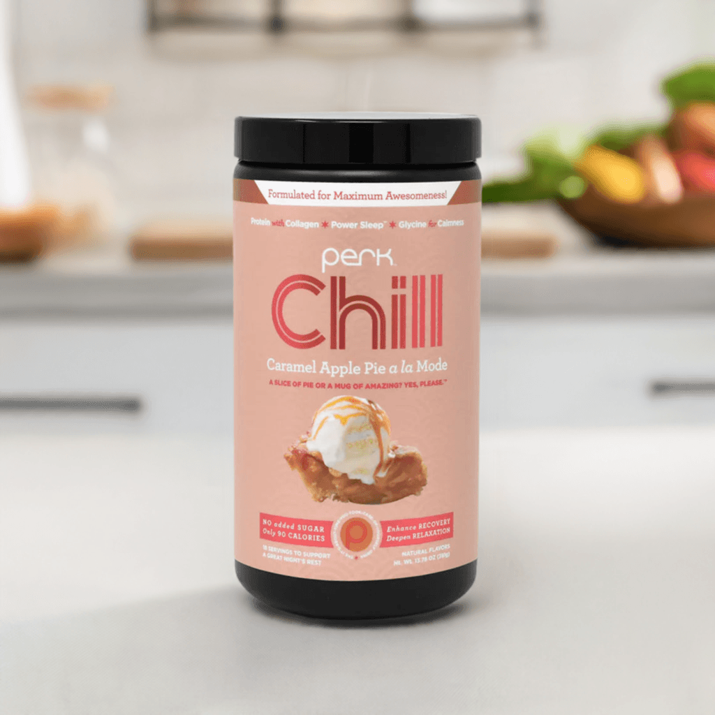 Perk Chill Caramel Apple Pie A la Mode supplement with 18 servings, designed for relaxation and sleep support, shown on a kitchen counter.