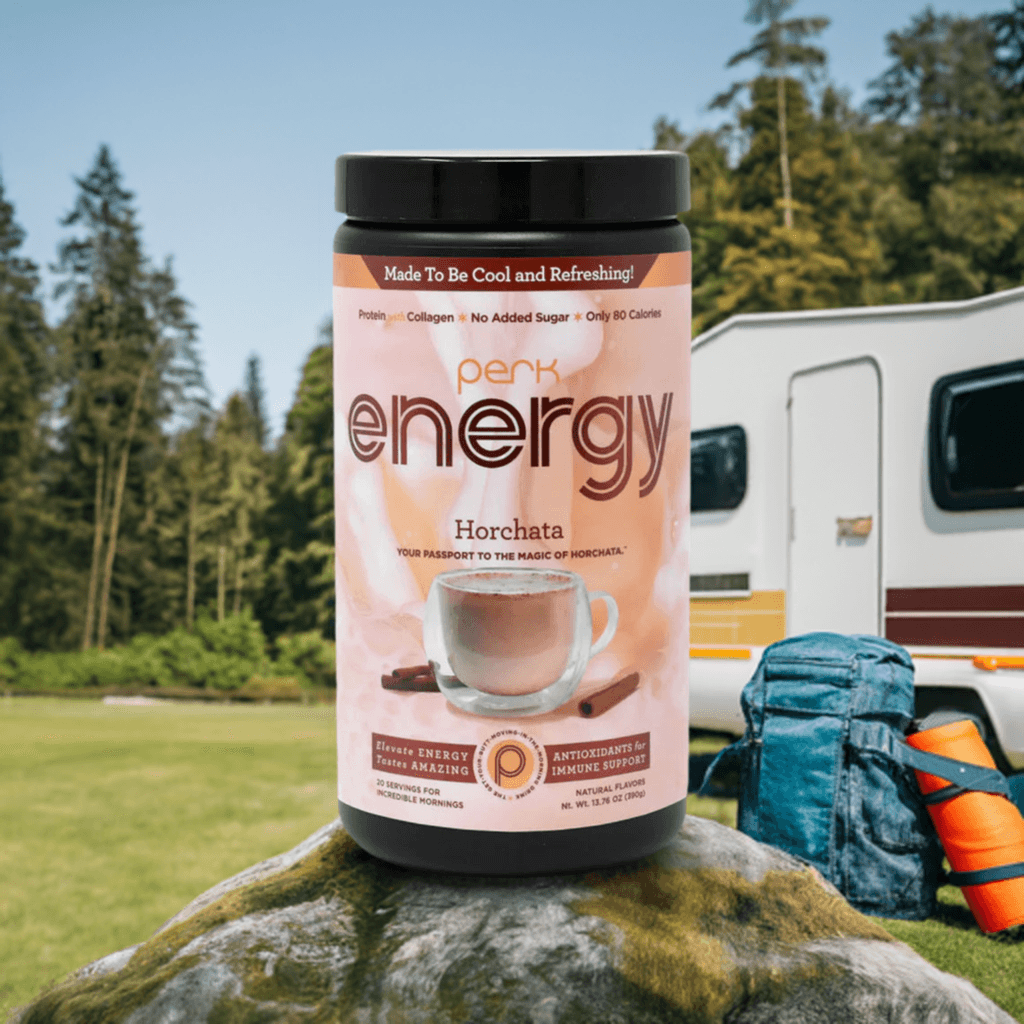 Perk Energy Original Horchata in outdoor camping setting. Energize your day with flavor and immune support from this cinnamon rice drink supplement.