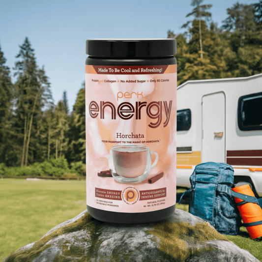 Perk Energy Original Horchata in outdoor camping setting. Energize your day with flavor and immune support from this cinnamon rice drink supplement.