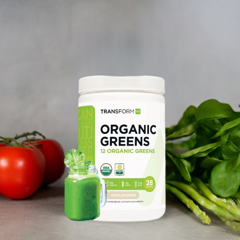 TransformHQ Organic Greens with fresh vegetables.