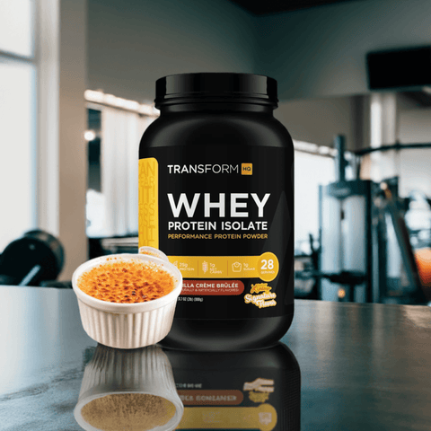 Perform Whey Protein Isolate in gym setting with vanilla crème brûlée flavor.