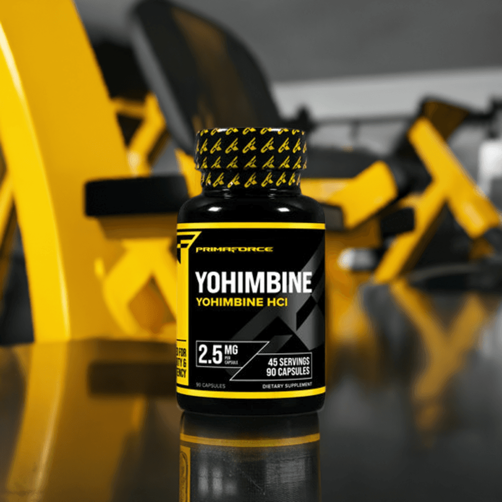 PrimaForce Yohimbine HCl 2.5 MG capsules displayed in a fitness center, promoting fat burning and enhanced athletic performance.