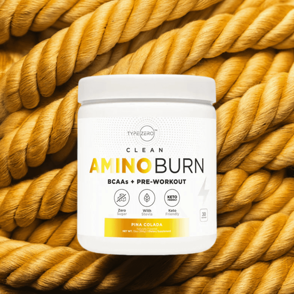 TYPE ZERO Vegan BCAA Pre-Workout Amino Burn – Piña Colada Flavor shown on a yellow rope background, highlighting its clean energy and zero sugar formula.