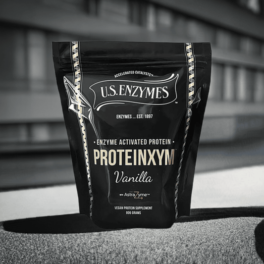 Proteinxym Vanilla by U.S. Enzymes in black pouch packaging, showcasing vegan protein powder with AstraZyme for enhanced digestibility and purity.