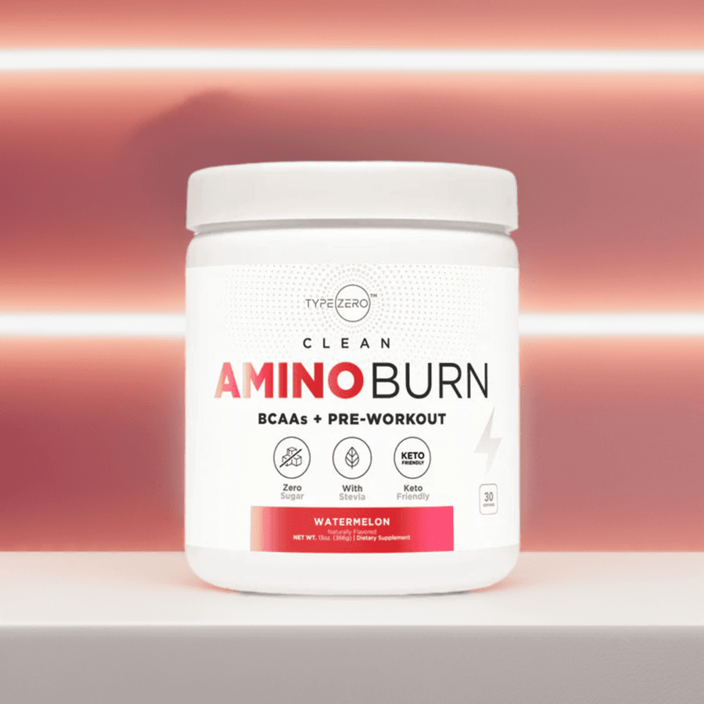 Front view of TYPE ZERO CLEAN AMINO BURN - Vegan BCAA + Pre-Workout with watermelon flavor, emphasizing zero sugar and keto-friendly benefits.