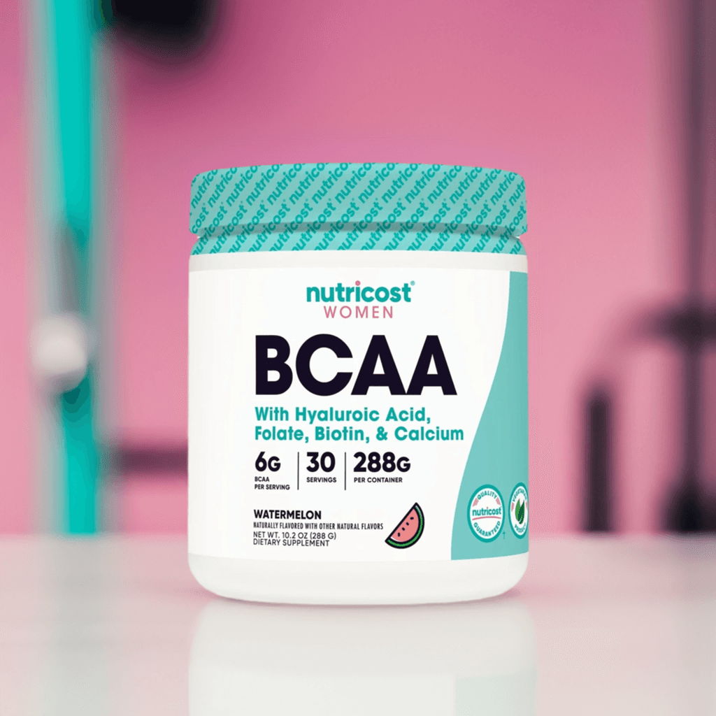 Nutricost BCAA for Women supplement with hyaluronic acid, folate, biotin, and calcium, tailored for female fitness and post-workout recovery.