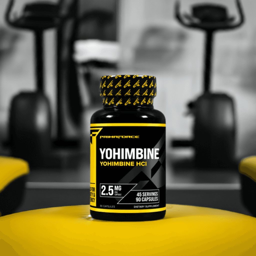 PrimaForce Yohimbine HCl 2.5 MG supplement bottle on gym equipment, ideal for weight loss, energy, and sexual wellness support.