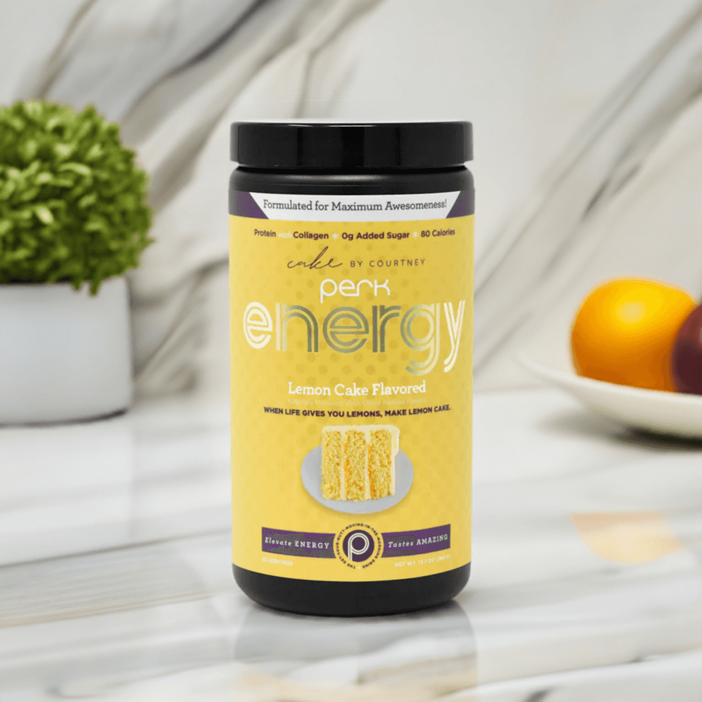 Perk Energy Lemon Cake supplement on marble counter