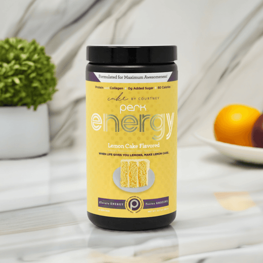 Perk Energy Lemon Cake supplement on marble counter