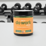 Do Work BCAA+ Tropical Vanilla Creme with dumbbells